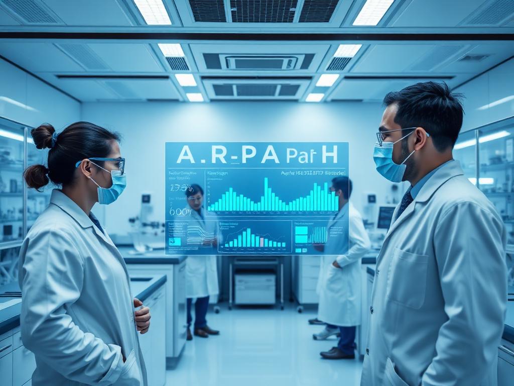 Moderní laboratoř ARPA-H s vědci a digitálními vizualizacemi dat o healthspan