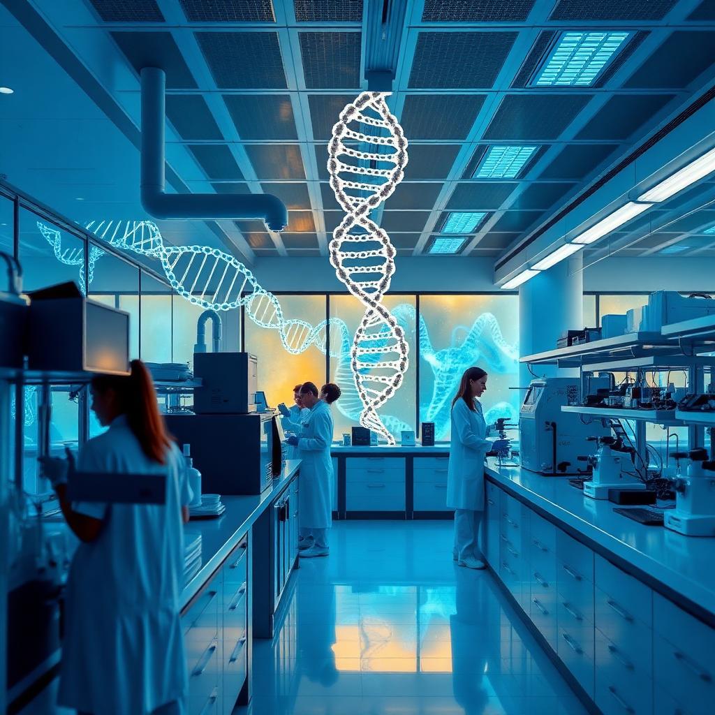 Moderní výzkumná laboratoř s vědci pracujícími na biologii stárnutí a vizualizací DNA